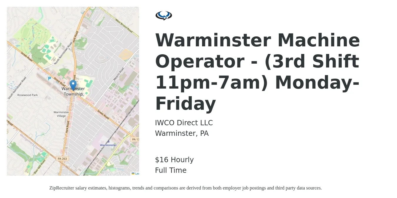 IWCO Direct LLC job posting for a Warminster Machine Operator - (3rd Shift 11pm-7am) Monday-Friday in Warminster, PA with a salary of $17 Hourly with a map of Warminster location.