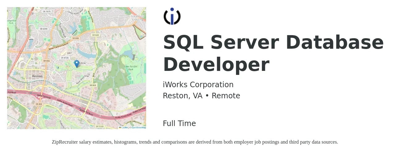 iWorks Corporation job posting for a SQL Server Database Developer in Reston, VA with a salary of $50 to $67 Hourly with a map of Reston location.