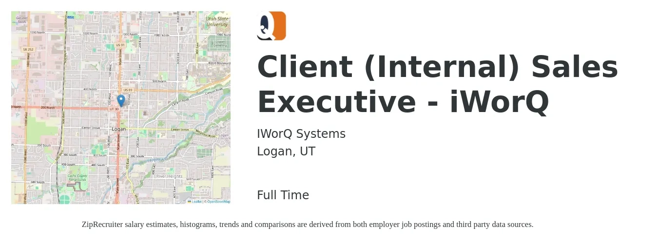 IWorQ Systems job posting for a Client (Internal) Sales Executive - iWorQ in Logan, UT with a salary of $15 Hourly with a map of Logan location.