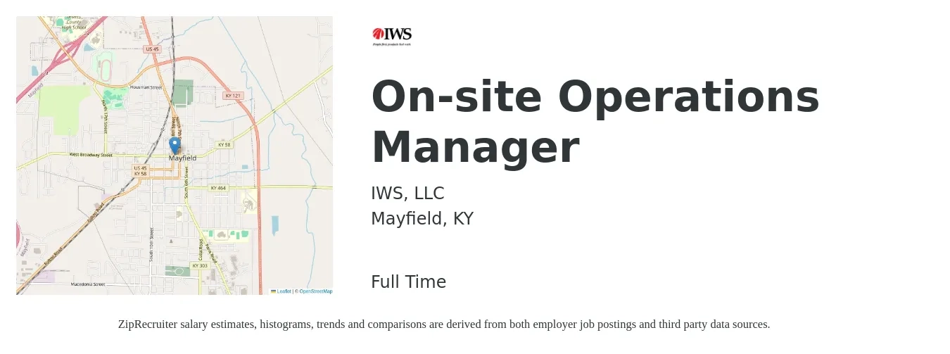 IWS, LLC job posting for a On-site Operations Manager in Mayfield, KY with a salary of $49,100 to $93,500 Yearly with a map of Mayfield location.