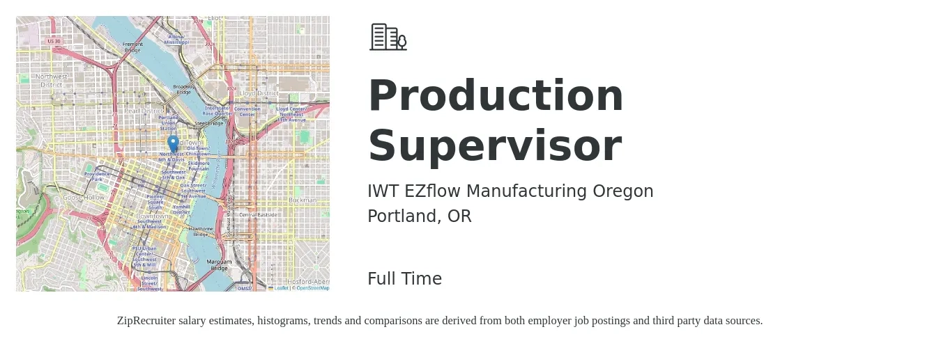 IWT EZflow Manufacturing Oregon job posting for a Production Supervisor in Portland, OR with a salary of $59,400 to $85,400 Yearly with a map of Portland location.