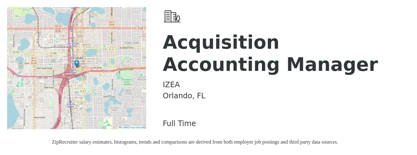 IZEA job posting for a Acquisition Accounting Manager in Orlando, FL with a salary of $72,800 to $104,600 Yearly with a map of Orlando location.