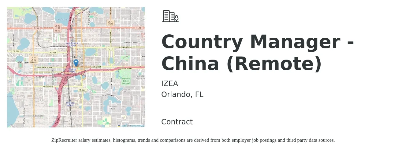 IZEA job posting for a Country Manager - China (Remote) in Orlando, FL with a map of Orlando location.