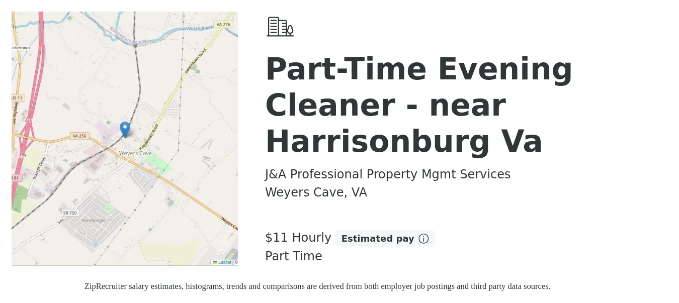 J&A Professional Property Mgmt Services job posting for a Part-Time Evening Cleaner - near Harrisonburg Va in Weyers Cave, VA with a salary of $12 Hourly with a map of Weyers Cave location.