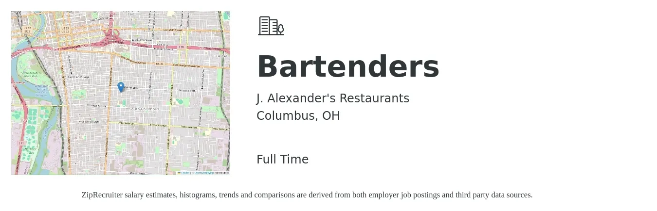 J. Alexander's Restaurants job posting for a Bartenders in Columbus, OH with a salary of $10 to $18 Hourly with a map of Columbus location.