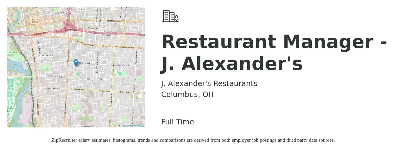 J. Alexander's Restaurants job posting for a Restaurant Manager - J. Alexander's in Columbus, OH with a salary of $42,300 to $59,600 Yearly with a map of Columbus location.
