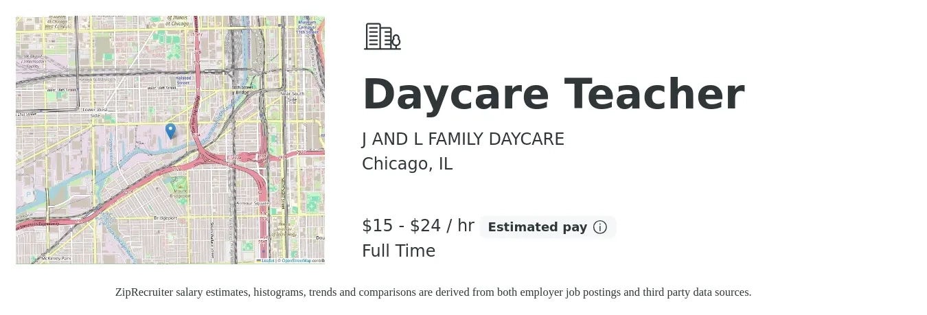 J AND L FAMILY DAYCARE job posting for a Daycare Teacher in Chicago, IL with a salary of $16 to $25 Hourly with a map of Chicago location.