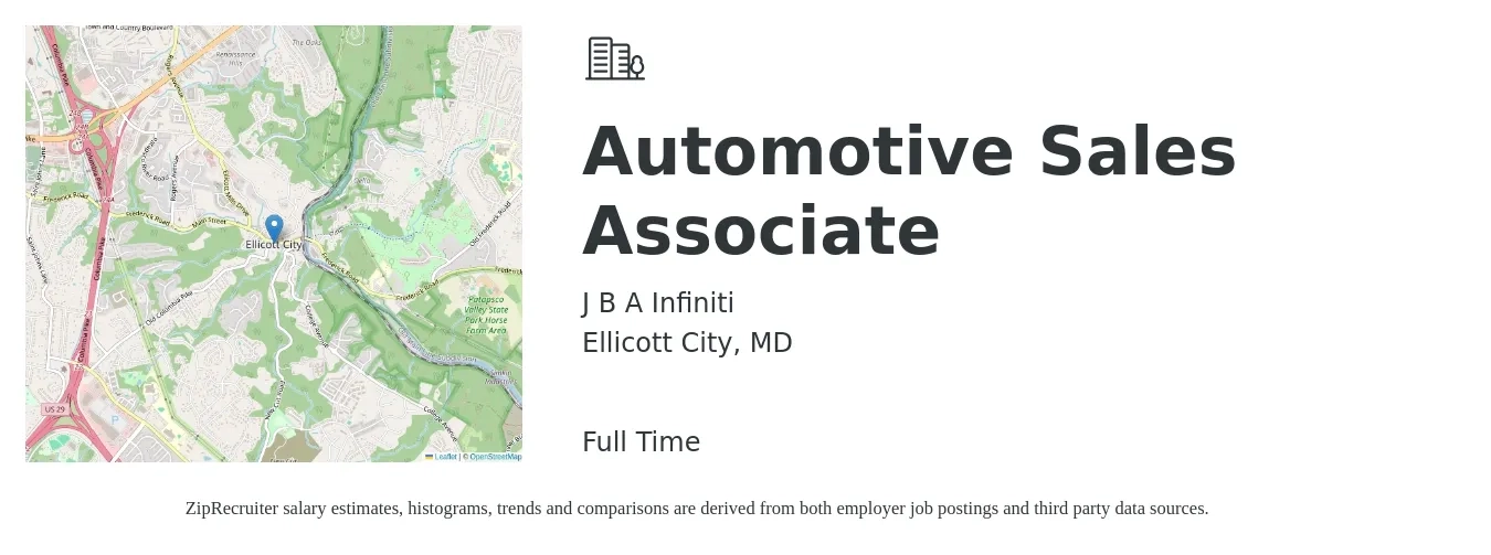 J B A Infiniti job posting for a Automotive Sales Associate in Ellicott City, MD with a salary of $16 to $26 Hourly with a map of Ellicott City location.