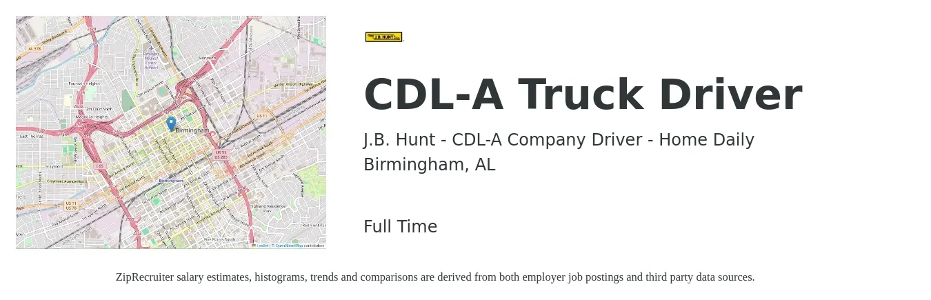 J.B. Hunt - CDL-A Company Driver - Home Daily job posting for a CDL-A Truck Driver in Birmingham, AL with a salary of $1,120 to $1,620 Weekly with a map of Birmingham location.