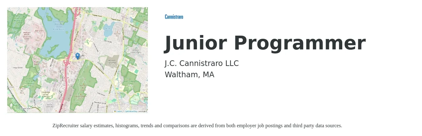 J.C. Cannistraro LLC job posting for a Junior Programmer in Waltham, MA with a salary of $18 to $38 Hourly with a map of Waltham location.