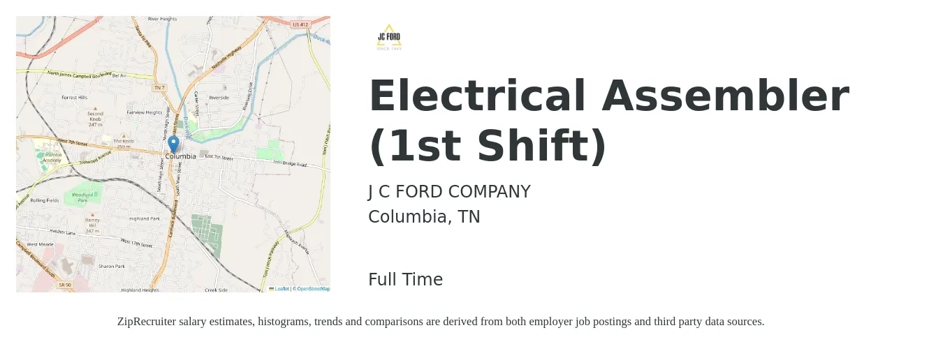 J C FORD COMPANY job posting for a Electrical Assembler (1st Shift) in Columbia, TN with a salary of $15 to $19 Hourly with a map of Columbia location.