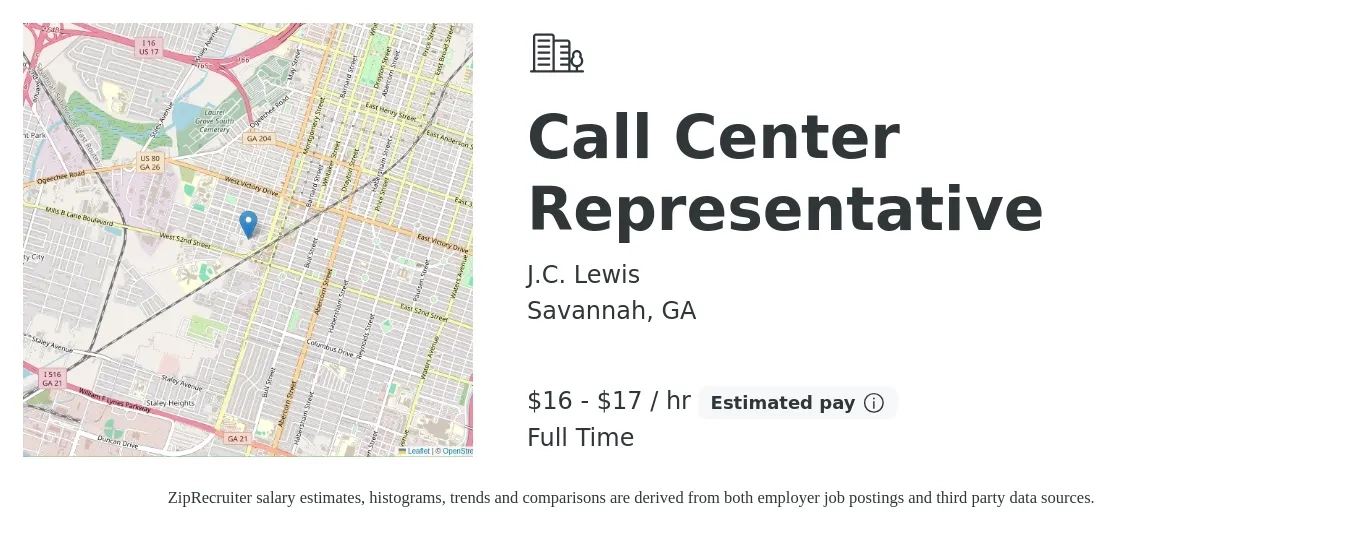 J.C. Lewis job posting for a Call Center Representative in Savannah, GA with a salary of $17 to $18 Hourly with a map of Savannah location.