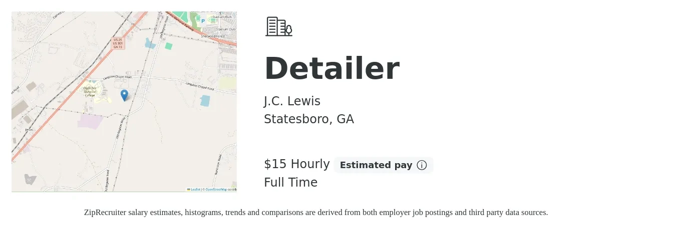 J.C. Lewis job posting for a Detailer in Statesboro, GA with a salary of $16 Hourly with a map of Statesboro location.