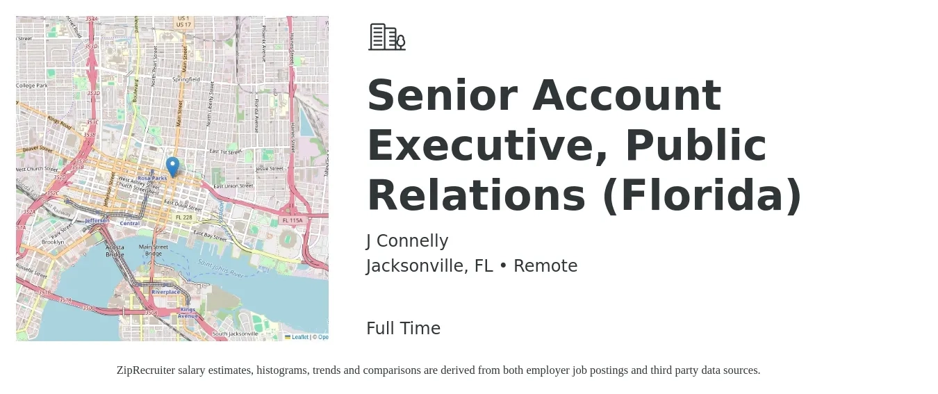J Connelly job posting for a Senior Account Executive, Public Relations (Florida) in Jacksonville, FL with a salary of $54,200 to $76,000 Yearly with a map of Jacksonville location.