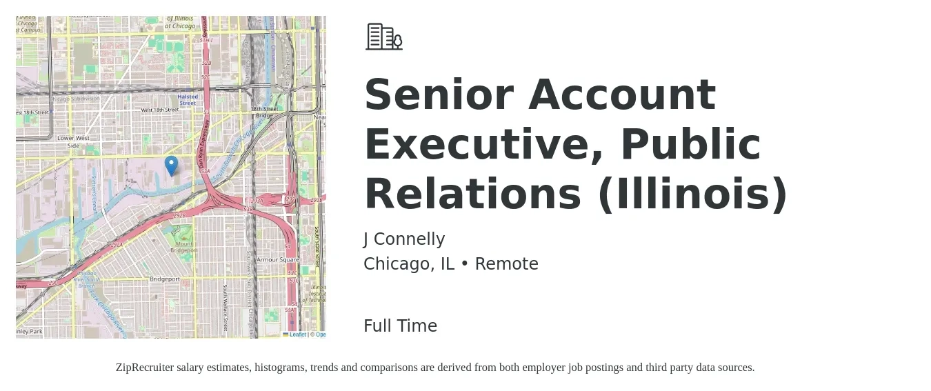 J Connelly job posting for a Senior Account Executive, Public Relations (Illinois) in Chicago, IL with a salary of $60,300 to $84,500 Yearly with a map of Chicago location.