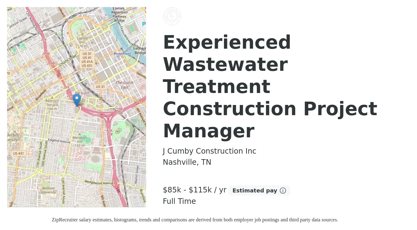 J Cumby Construction Inc job posting for a Experienced Wastewater Treatment Construction Project Manager in Nashville, TN with a salary of $85,000 to $115,000 Yearly with a map of Nashville location.