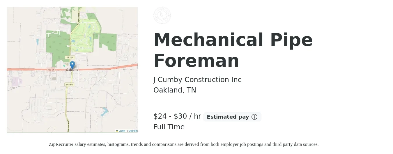 J Cumby Construction Inc job posting for a Mechanical Pipe Foreman in Oakland, TN with a salary of $25 to $32 Hourly with a map of Oakland location.