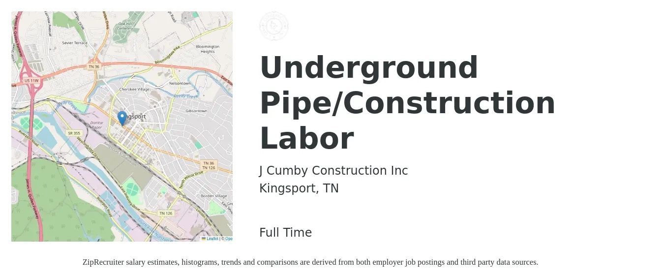 J Cumby Construction Inc job posting for a Underground Pipe/Construction Labor in Kingsport, TN with a salary of $17 to $22 Hourly with a map of Kingsport location.