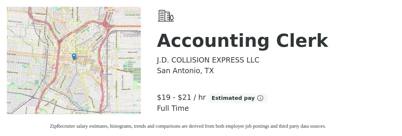 J.D. COLLISION EXPRESS LLC job posting for a Accounting Clerk in San Antonio, TX with a salary of $20 to $22 Hourly with a map of San Antonio location.