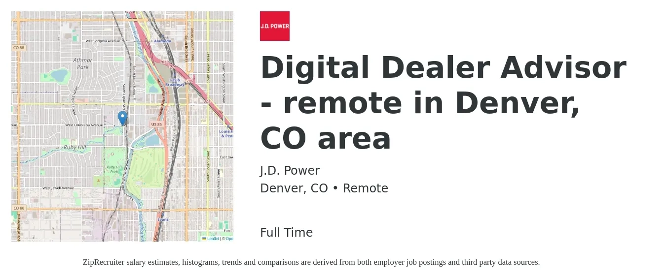 J.D. Power job posting for a Digital Dealer Advisor - remote in Denver, CO area in Denver, CO with a salary of $20 to $24 Hourly with a map of Denver location.
