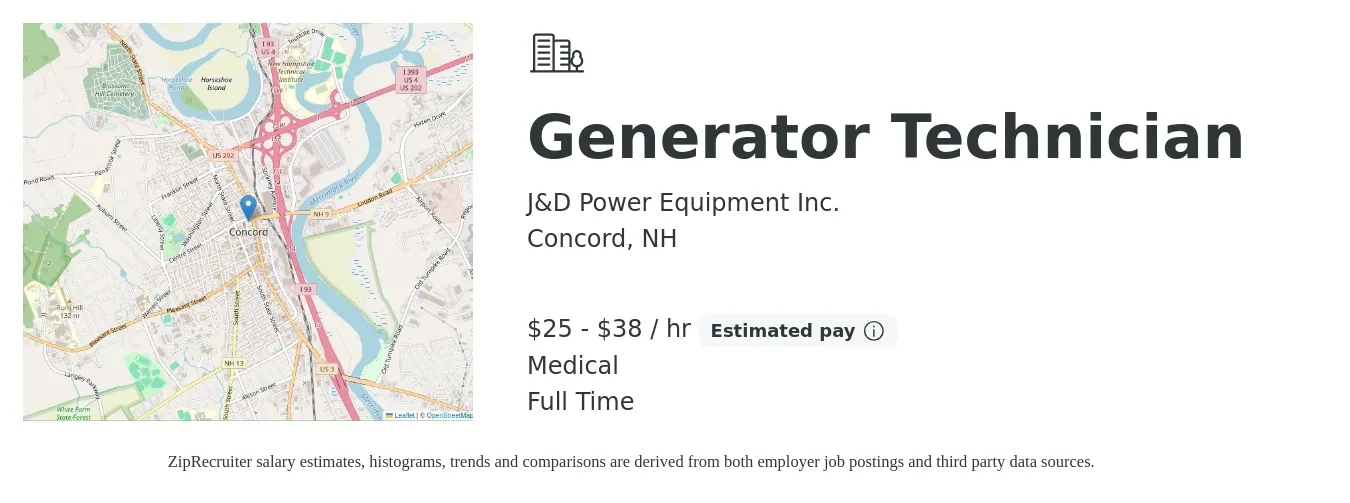 J&D Power Equipment Inc. job posting for a Generator Technician in Concord, NH with a salary of $26 to $40 Hourly and benefits including medical, and retirement with a map of Concord location.