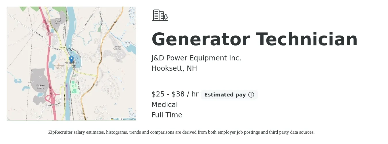 J&D Power Equipment Inc. job posting for a Generator Technician in Hooksett, NH with a salary of $26 to $40 Hourly and benefits including medical, and retirement with a map of Hooksett location.