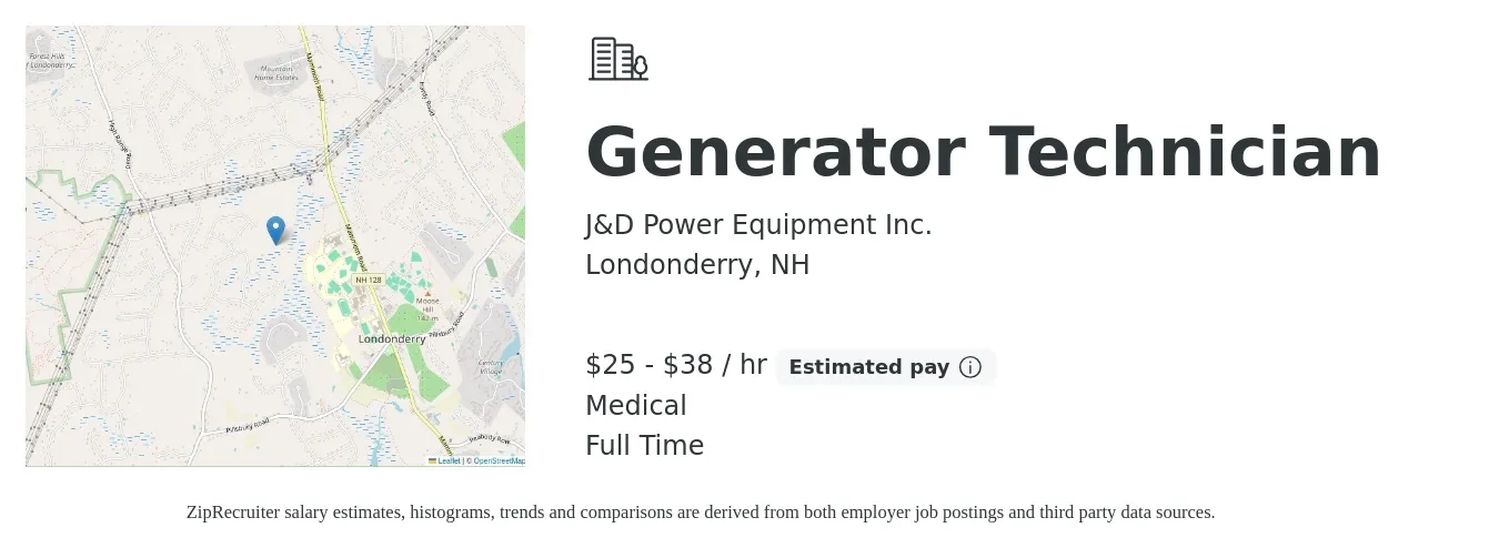 J&D Power Equipment Inc. job posting for a Generator Technician in Londonderry, NH with a salary of $26 to $40 Hourly and benefits including retirement, and medical with a map of Londonderry location.