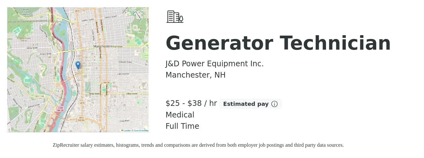 J&D Power Equipment Inc. job posting for a Generator Technician in Manchester, NH with a salary of $26 to $40 Hourly and benefits including medical, and retirement with a map of Manchester location.