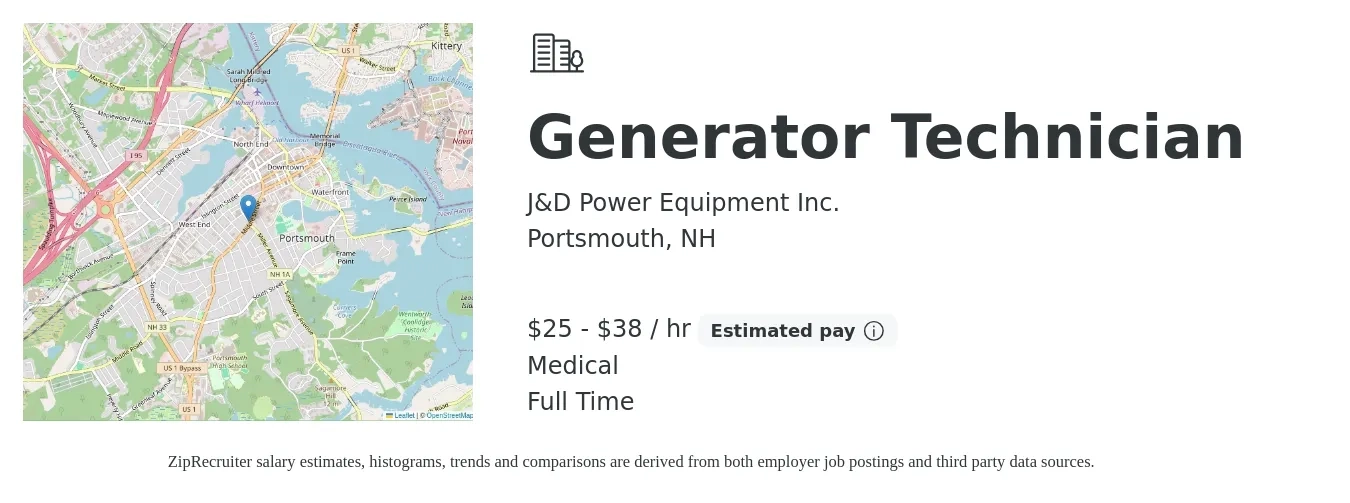 J&D Power Equipment Inc. job posting for a Generator Technician in Portsmouth, NH with a salary of $26 to $40 Hourly and benefits including medical, and retirement with a map of Portsmouth location.
