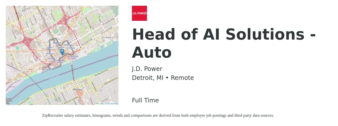 J.D. Power job posting for a Lead Product Management AI Solutions - Auto in Detroit, MI with a salary of $230,700 to $241,600 Yearly with a map of Detroit location.
