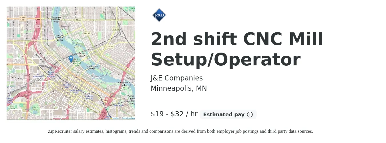 J&E Companies job posting for a 2nd shift CNC Mill Setup/Operator in Minneapolis, MN with a salary of $20 to $34 Hourly with a map of Minneapolis location.