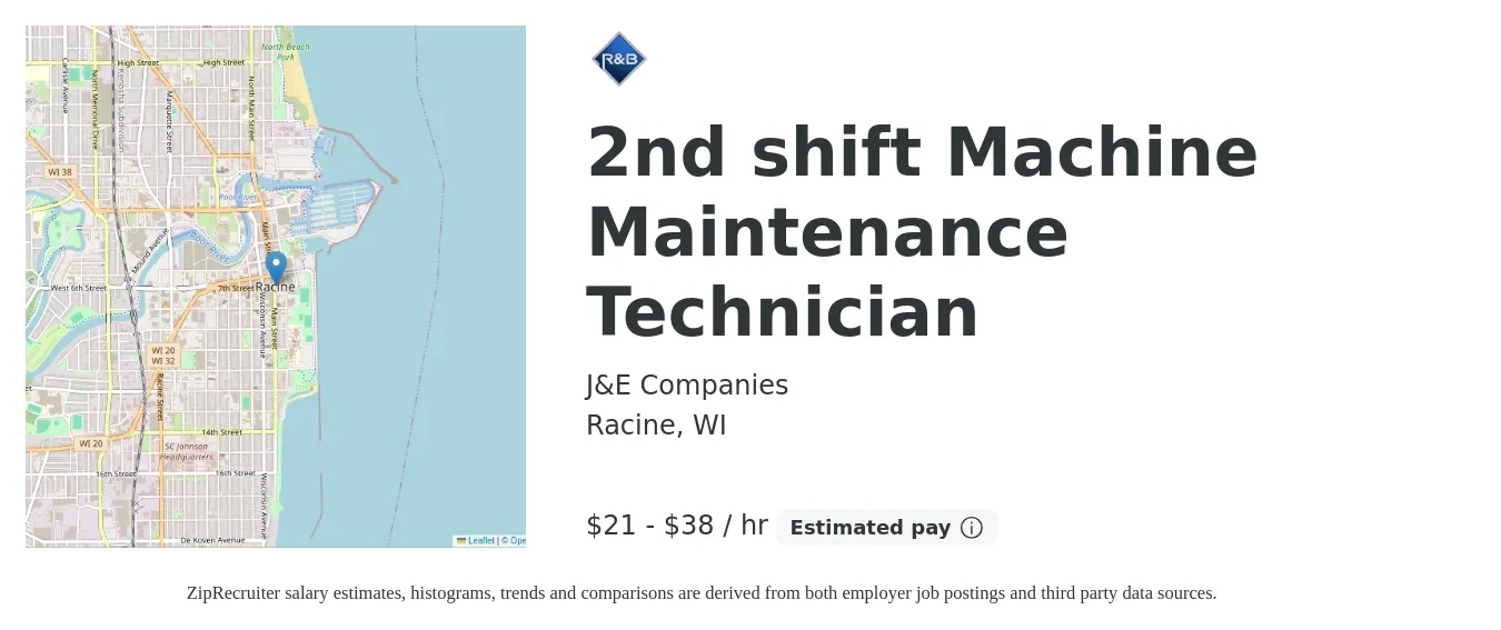 J&E Companies job posting for a 2nd shift Machine Maintenance Technician in Racine, WI with a salary of $22 to $40 Hourly with a map of Racine location.