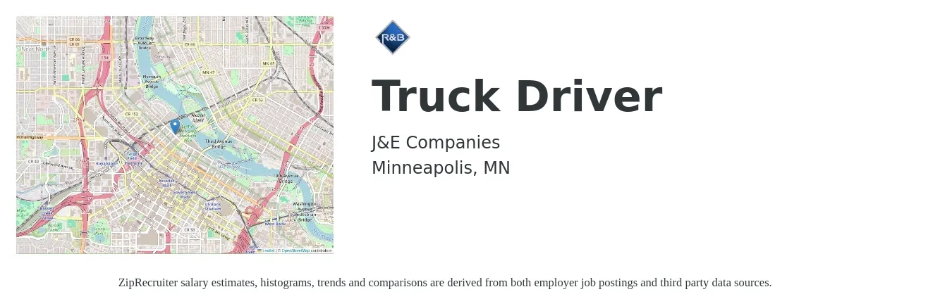 J&E Companies job posting for a Truck Driver in Minneapolis, MN with a salary of $21 to $26 Hourly with a map of Minneapolis location.