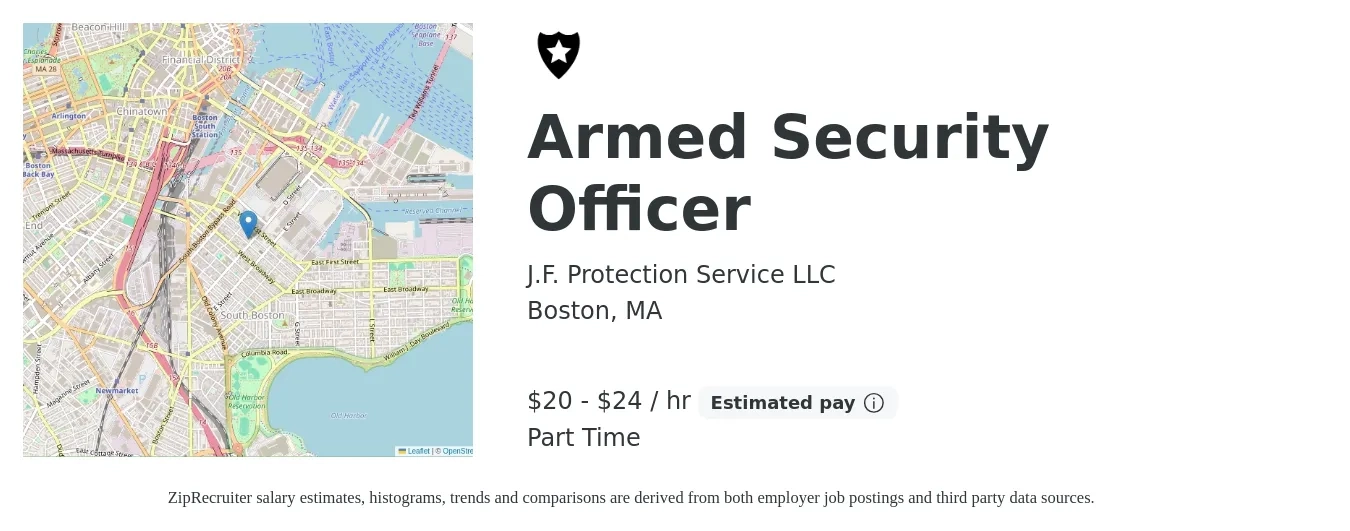 J.F. Protection Service LLC job posting for a Armed Security Officer in Boston, MA with a salary of $21 to $25 Hourly with a map of Boston location.
