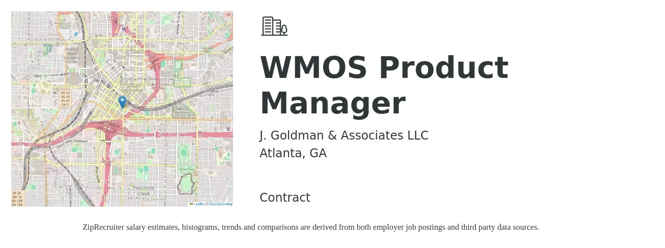 J. Goldman & Associates LLC job posting for a WMOS Product Manager in Atlanta, GA with a salary of $135,600 to $189,400 Yearly with a map of Atlanta location.