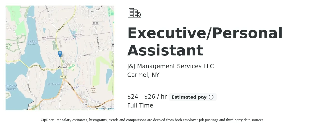 J&J Management Services LLC job posting for a Executive/Personal Assistant in Carmel, NY with a salary of $25 to $28 Hourly with a map of Carmel location.