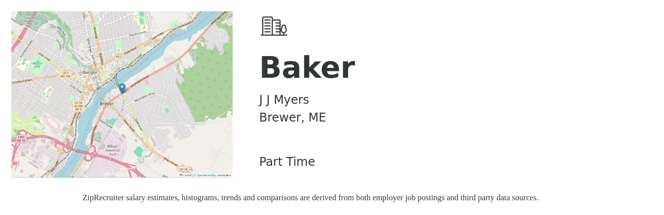 J J Myers job posting for a Baker in Brewer, ME with a salary of $13 to $17 Hourly with a map of Brewer location.