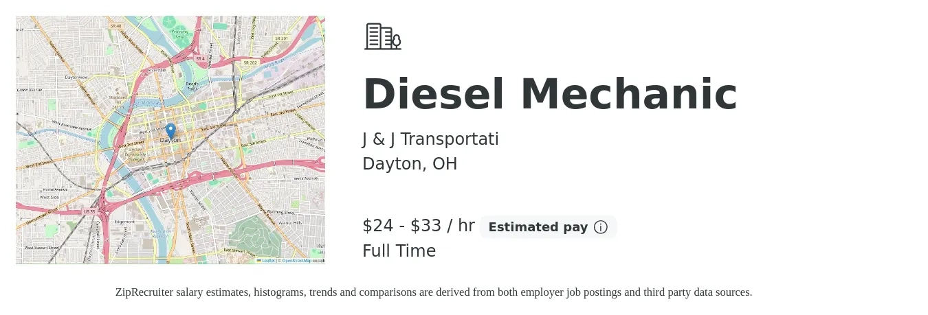 J & J Transportati job posting for a Diesel Mechanic in Dayton, OH with a salary of $25 to $35 Hourly with a map of Dayton location.
