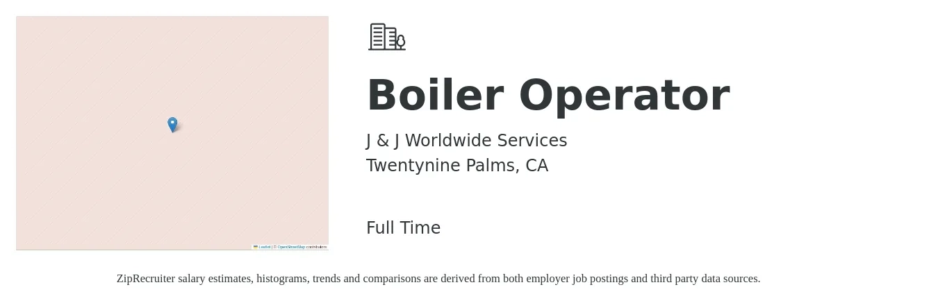J & J Worldwide Services job posting for a Boiler Operator in Twentynine Palms, CA with a salary of $27 to $37 Hourly with a map of Twentynine Palms location.