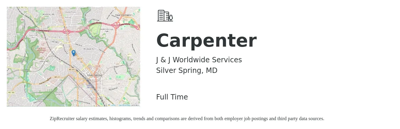 J & J Worldwide Services job posting for a Carpenter in Silver Spring, MD with a salary of $22 to $30 Hourly with a map of Silver Spring location.
