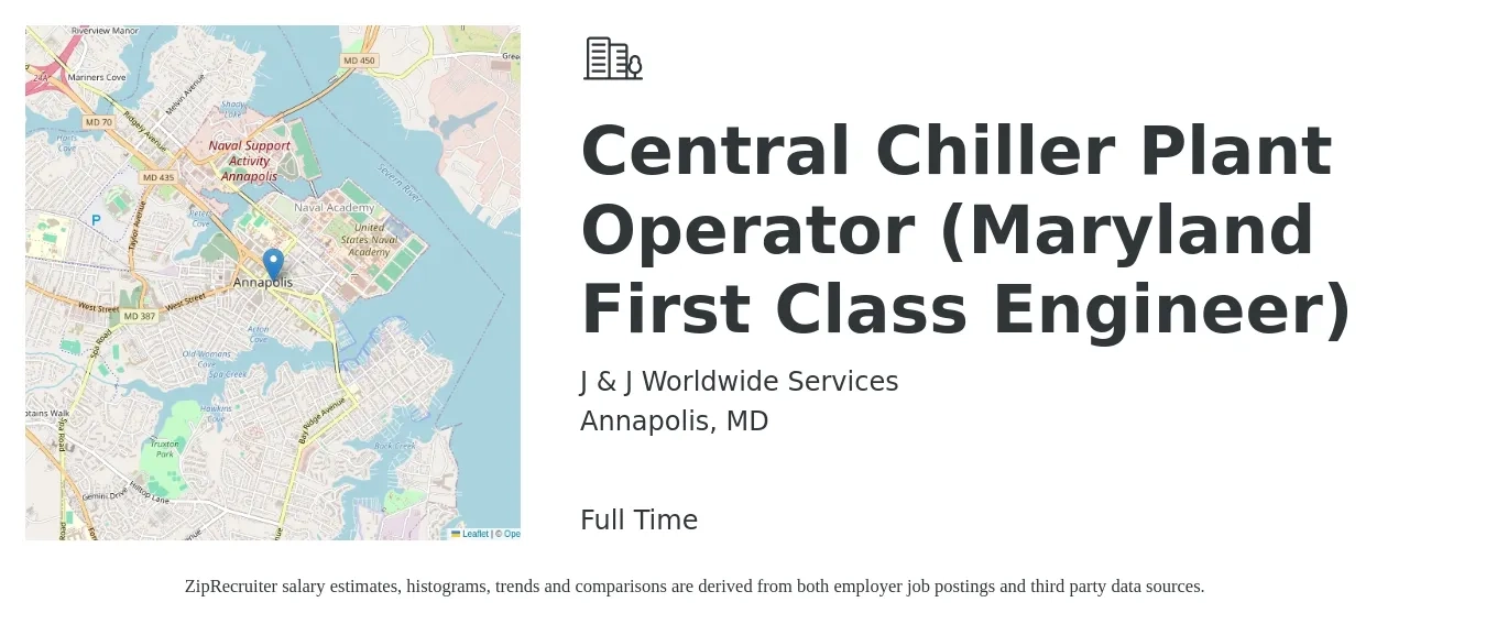 J & J Worldwide Services job posting for a Central Chiller Plant Operator (Maryland First Class Engineer) in Annapolis, MD with a salary of $17 to $26 Hourly with a map of Annapolis location.