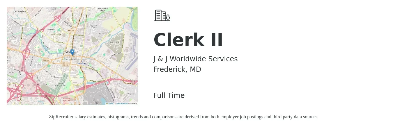 J & J Worldwide Services job posting for a Clerk II in Frederick, MD with a salary of $16 to $19 Hourly with a map of Frederick location.