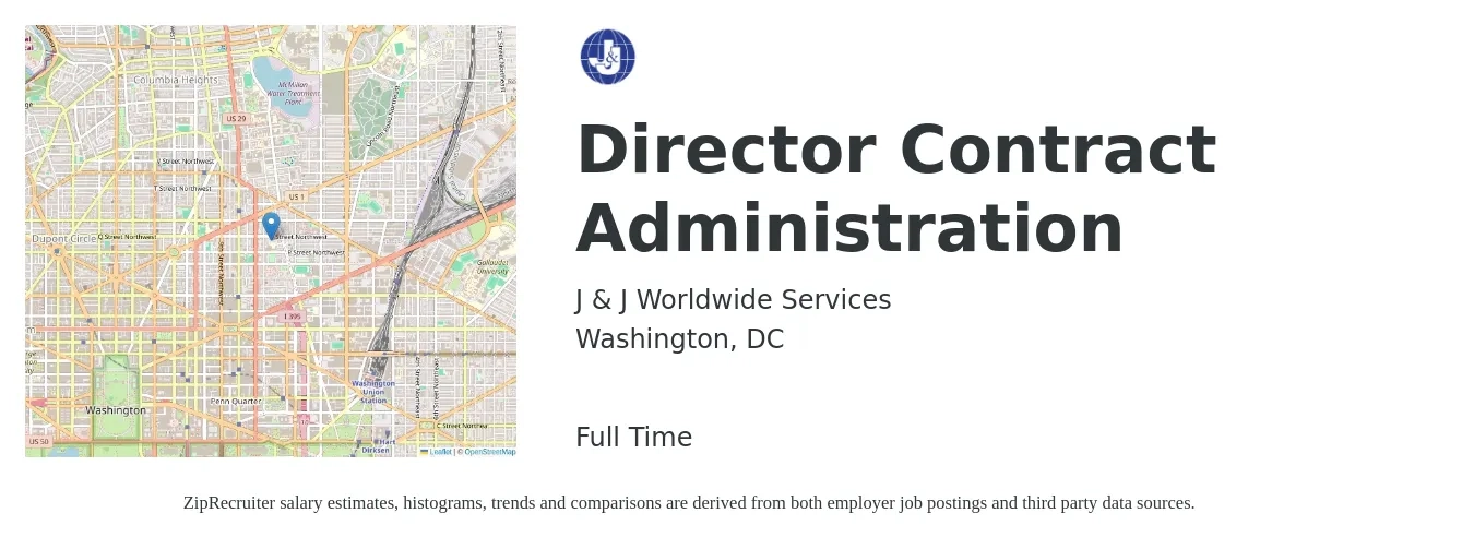 J & J Worldwide Services job posting for a Director Contract Administration in Washington, DC with a salary of $64,600 to $99,700 Yearly with a map of Washington location.