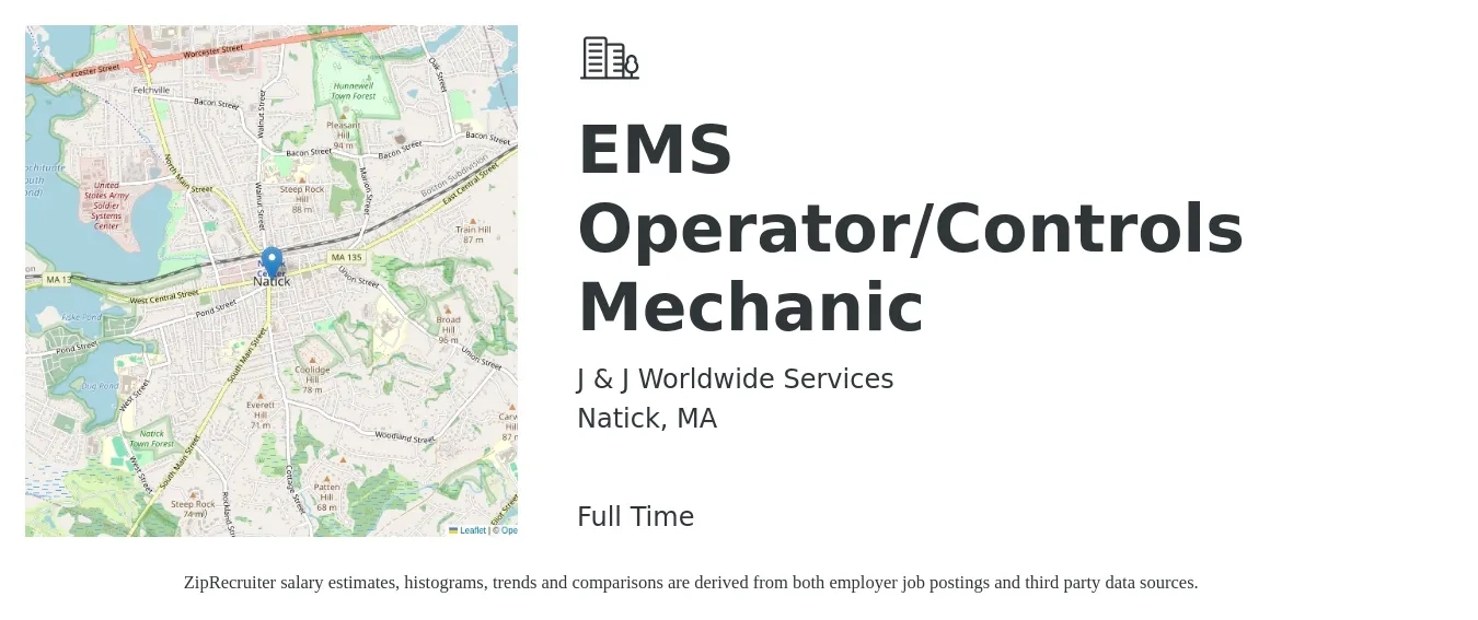 J & J Worldwide Services job posting for a EMS Operator/Controls Mechanic in Natick, MA with a salary of $21 to $30 Hourly with a map of Natick location.