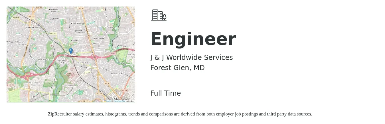 J & J Worldwide Services job posting for a Engineer in Forest Glen, MD with a salary of $88,300 to $122,500 Yearly with a map of Forest Glen location.
