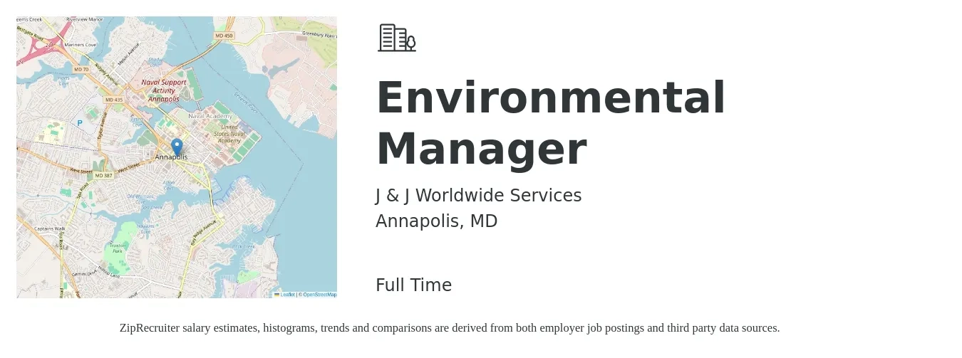 J & J Worldwide Services job posting for a Environmental Manager in Annapolis, MD with a salary of $115,800 to $119,800 Yearly with a map of Annapolis location.