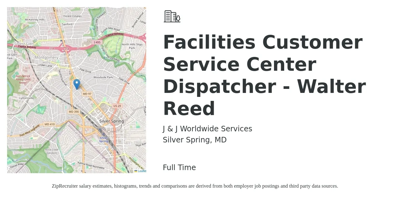 J & J Worldwide Services job posting for a Facilities Customer Service Center Dispatcher - Walter Reed in Silver Spring, MD with a salary of $18 to $22 Hourly with a map of Silver Spring location.