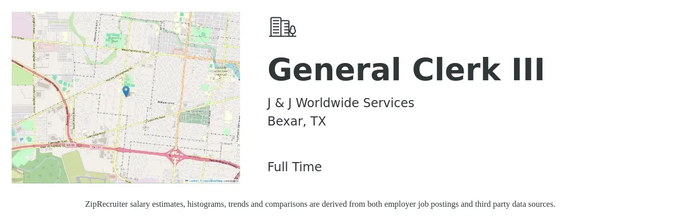 J & J Worldwide Services job posting for a General Clerk III in Bexar, TX with a salary of $14 to $18 Hourly with a map of Bexar location.