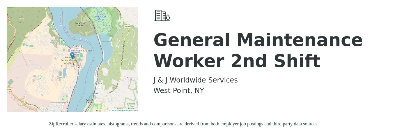 J & J Worldwide Services job posting for a General Maintenance Worker 2nd Shift in West Point, NY with a salary of $18 to $26 Hourly with a map of West Point location.