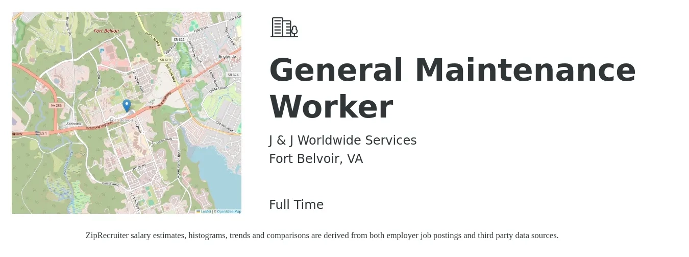 J & J Worldwide Services job posting for a General Maintenance Worker in Fort Belvoir, VA with a salary of $20 to $28 Hourly with a map of Fort Belvoir location.